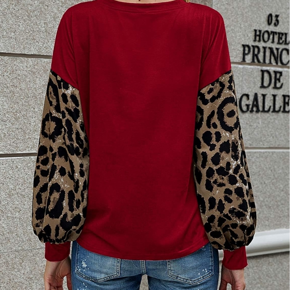 Doublju Women's Leopard Long Sleeve Red Top Size XL